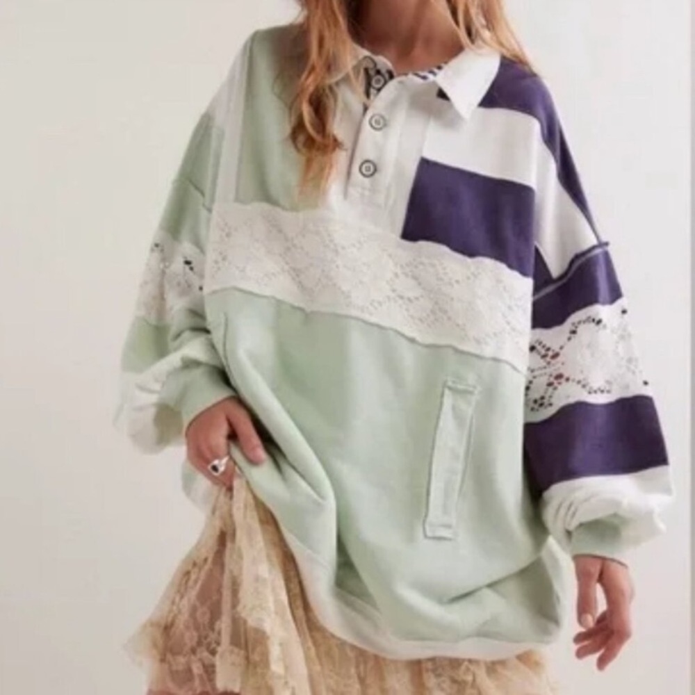 Free People We The Free American dream Mint and Navy Sweatshirt 2422 - Picture 5 of 13